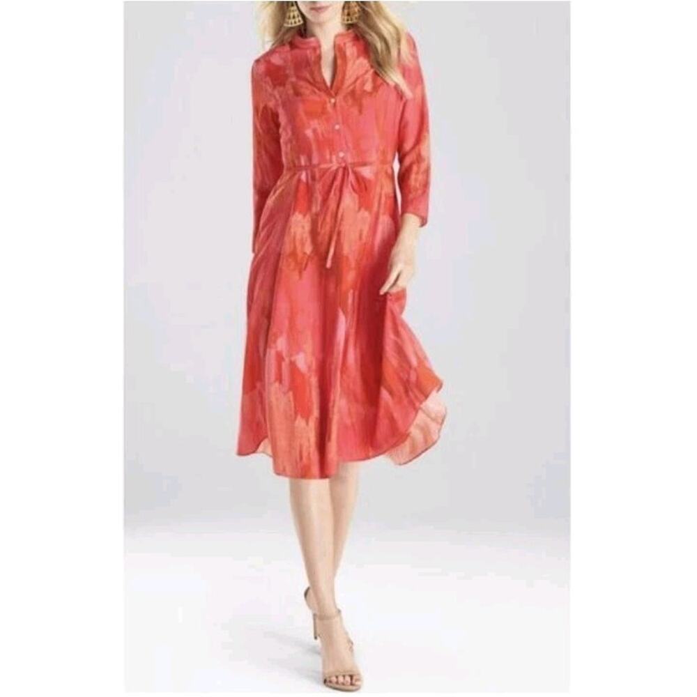 Natori Washed Striped V Neck Shirt Dress 3/4 Sleeve Tie Waist Women's 14